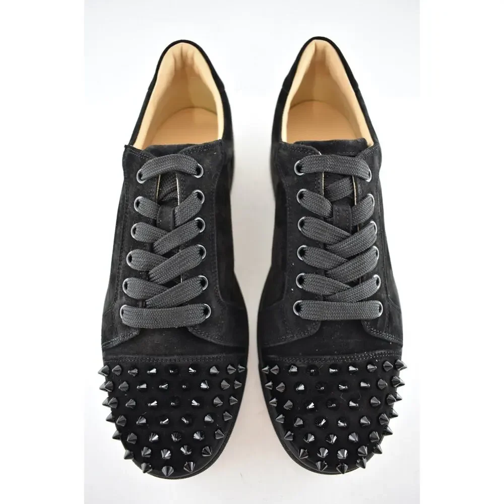 Christian Louboutin Vieira Spikes Flat Black Suede Lace Up Low Top Sneaker 40.5